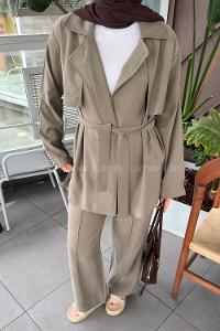 Khaki V Neck Long Arm Tensel Regular Trousers Comfortable Suit