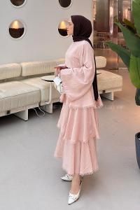 Lamelif Kat Detaylı Dantel İşlemeli Krinkıl Elbise Pembe