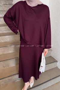 Lamelif Kristal Kloş Etekli Tesettür Takım Mürdüm