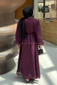 Lamelif Balon Kol Bağlama Detaylı Şifon Elbise Mürdüm