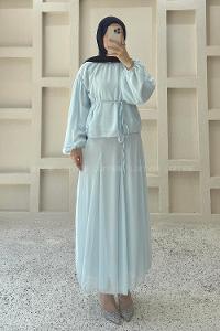 Baby Blue Foulard Neck Long Arm Cotton Flared Skirt Suit