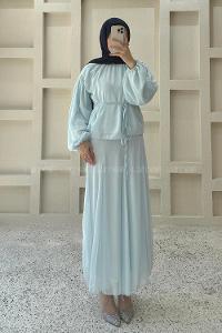 Baby Blue Foulard Neck Long Arm Cotton Flared Skirt Suit