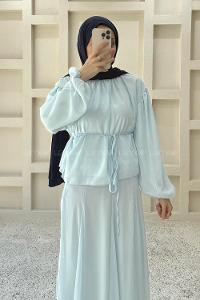 Baby Blue Foulard Neck Long Arm Cotton Flared Skirt Suit