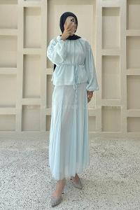 Baby Blue Foulard Neck Long Arm Cotton Flared Skirt Suit