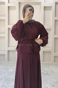 Lamelif Fularlı Bağlama Detaylı Etekli Takım Bordo