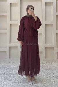 Lamelif Fularlı Bağlama Detaylı Etekli Takım Bordo