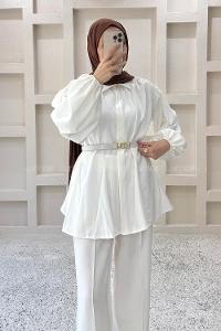 Lamelif Kemerli Pantolonlu Takım Beyaz