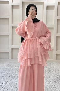 Lamelif Volan Detaylı Etekli Takım Pembe