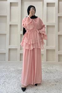 Lamelif Volan Detaylı Etekli Takım Pembe