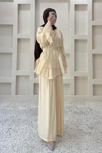 Soft Yellow Crew Neck Long Arm Cotton Flared Skirt Suit