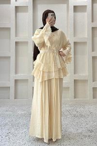 Soft Yellow Crew Neck Long Arm Cotton Flared Skirt Suit