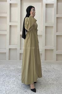 Oil Green Crew Neck Linen Dresess