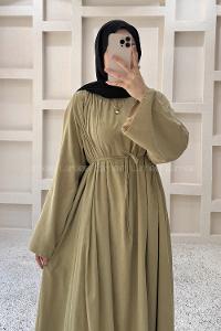Oil Green Crew Neck Linen Dresess
