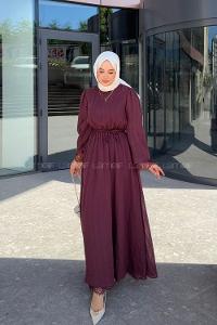 Lamelif Dantel Detaylı Matteo Elbise Mürdüm
