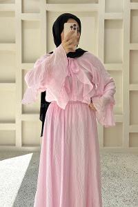 Lamelif Fırfır Detaylı Tül Modal Etekli Takım Pembe