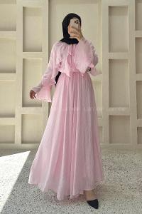 Lamelif Fırfır Detaylı Tül Modal Etekli Takım Pembe