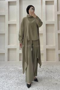 Khaki Choker Neck Long Arm Viscose Fabric Regular Trousers Comfortable Suit