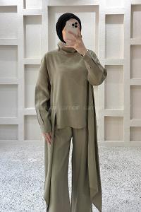 Khaki Choker Neck Long Arm Viscose Fabric Regular Trousers Comfortable Suit