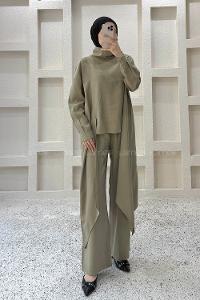 Khaki Choker Neck Long Arm Viscose Fabric Regular Trousers Comfortable Suit