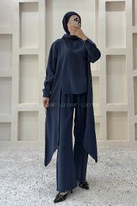Navy Blue Choker Neck Long Arm Viscose Fabric Regular Trousers Comfortable Suit