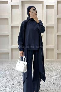 Navy Blue Choker Neck Long Arm Viscose Fabric Regular Trousers Comfortable Suit