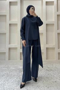 Navy Blue Choker Neck Long Arm Viscose Fabric Regular Trousers Comfortable Suit