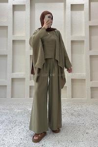 Khaki Neckband Long Arm Viscose Fabric Regular Trousers Comfortable Suit