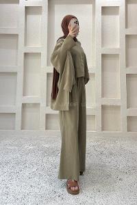 Khaki Neckband Long Arm Viscose Fabric Regular Trousers Comfortable Suit