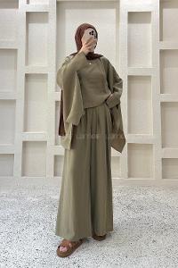 Khaki Neckband Long Arm Viscose Fabric Regular Trousers Comfortable Suit