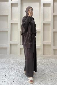 Dark Brown Neckband Long Arm Viscose Fabric Regular Trousers Comfortable Suit