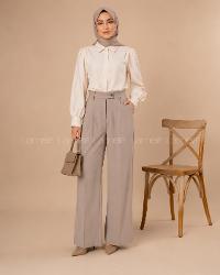 Lamelif Dökümlü Kumaş Pantolon Bej