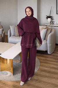 Lamelif Şallı Pantolon Takım Bordo