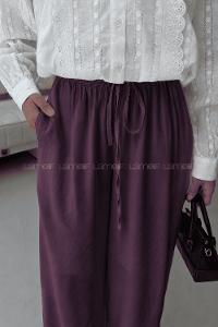 Lamelif Bağcıklı Tensel Pantolon Mürdüm