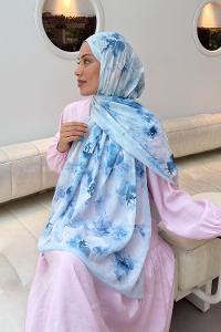 Lamelif Batik Çiçek Desen Bambu Şal Bebe Mavisi
