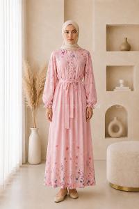 Lamelif Çiçek Baskılı Bağlama Detaylı Tesettür Elbise Pembe