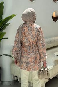 Orange Shirt Collar Long Arm Sandy Fabric Printed Shirt