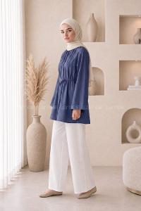 Lamelif Geniş Kol Dik Yaka Oversize Tunik Lacivert