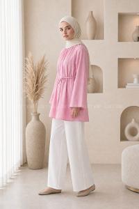 Lamelif Geniş Kol Dik Yaka Oversize Tunik Pembe