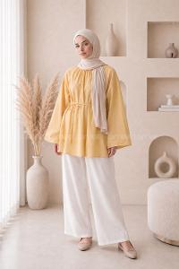 Lamelif Geniş Kol Dik Yaka Oversize Tunik Soft Sarı