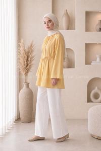 Lamelif Geniş Kol Dik Yaka Oversize Tunik Soft Sarı