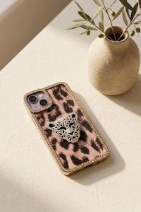 Lamelif iPhone 13-14 Leoparlı Taşlı Kılıf