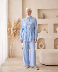 Blue Shirt Collar Long Arm Buckle Cotton Polyester Regular Trousers Suit