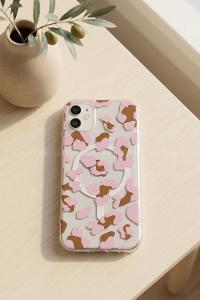 Lamelif iPhone 11 Pembe Leopar Desenli Güçlü Magsafeli Telefon Kılıfı