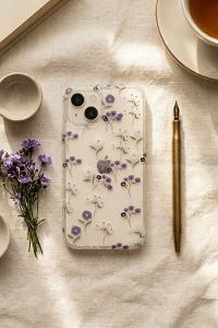 Lamelif iPhone 13/14 Mavi Çiçekli Taşlı Telefon Kılıfı