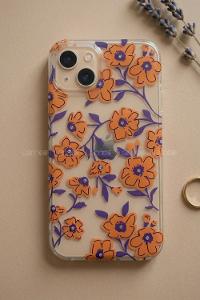 Lamelif iPhone 13/14 Turuncu Çiçekli Taşlı Telefon Kılıfı
