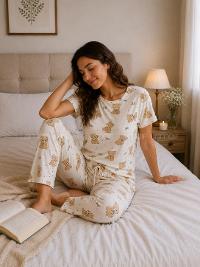 Lamelif Kadın Bisiklet Yaka Ayıcık Desenli Pijama Takımı