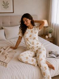 Lamelif Kadın Bisiklet Yaka Ayıcık Desenli Pijama Takımı