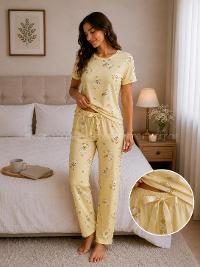 Lamelif Kadın Bisiklet Yaka Ayıcık Desenli Pijama Takımı