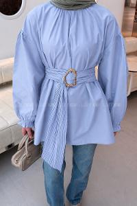 Baby Blue Crew Neck Cotton Fabric Unprinted Tunic