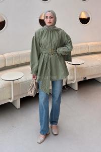 Khaki Crew Neck Cotton Fabric Unprinted Tunic